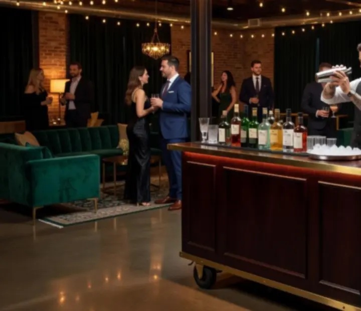 Mobilny bar koktajlowy z barmanem podczas eventu w klimacie kasynowym