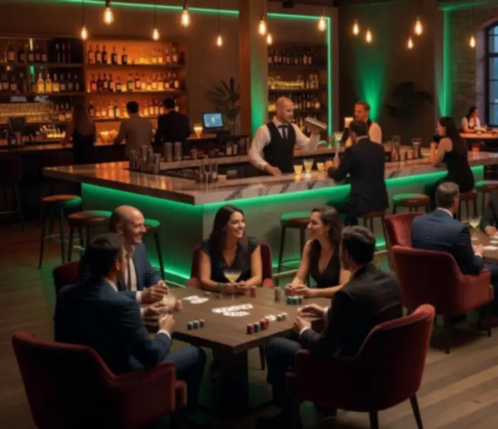 Casino lounge z muzyką na żywo, koktajlami i strefą klubowych foteli