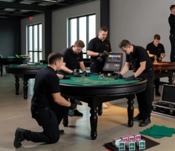 Zespół eventowy montujący mobilne stoły casino przed rozpoczęciem imprezy