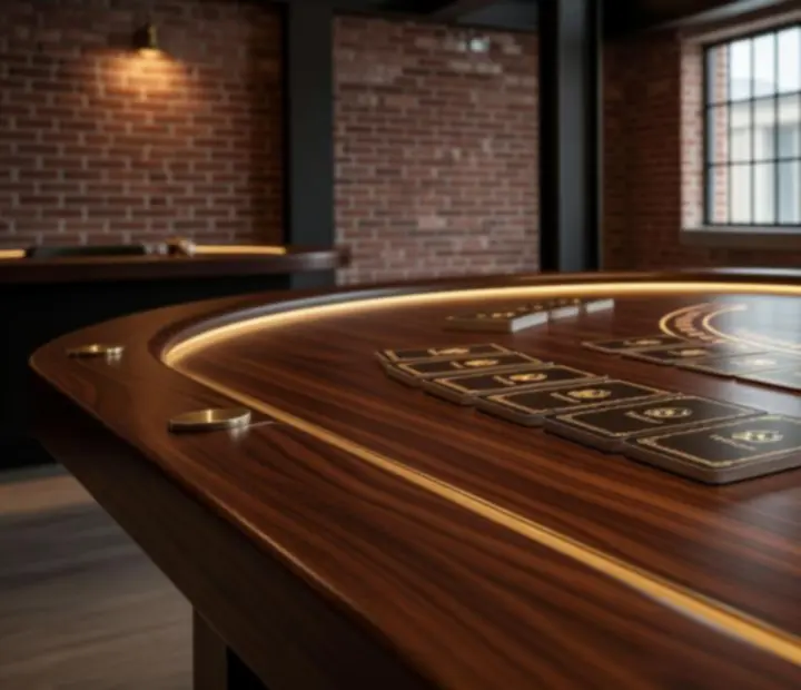 Elegancko udekorowany stół casino z żetonami i industrialnym oświetleniem