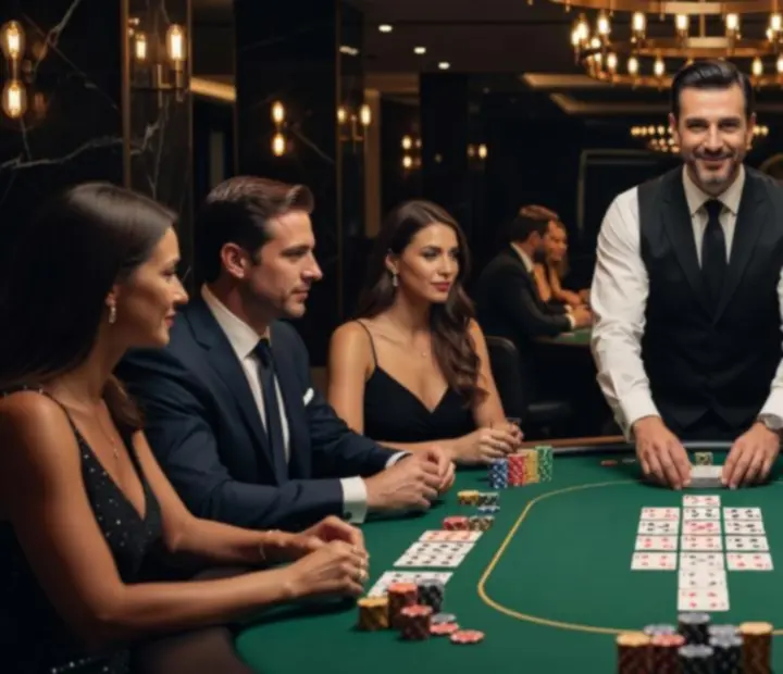 Profesjonalny krupier rozdający karty przy stole pokerowym na evencie firmowym
