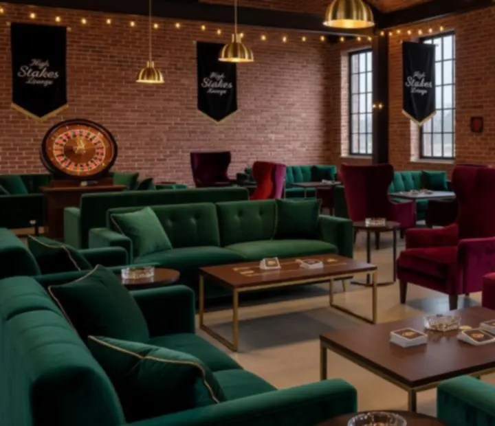 Strefa VIP lounge z dekoracjami i oświetleniem w klimacie casino