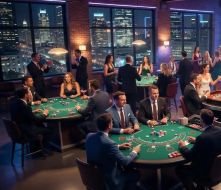 Goście bawiący się przy stołach casino podczas klimatycznego eventu