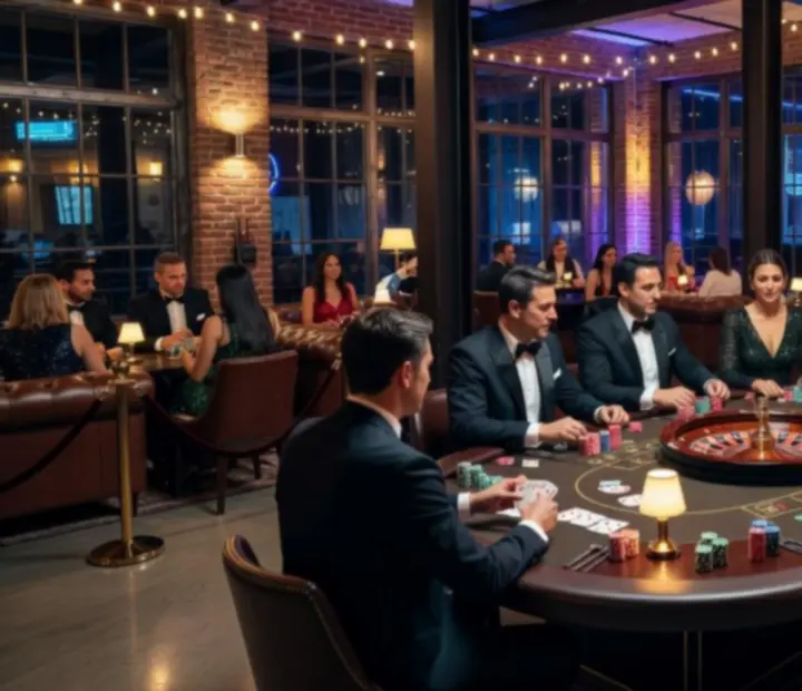 Mobilne stoły casino podczas eleganckiego eventu w industrialnym lofcie