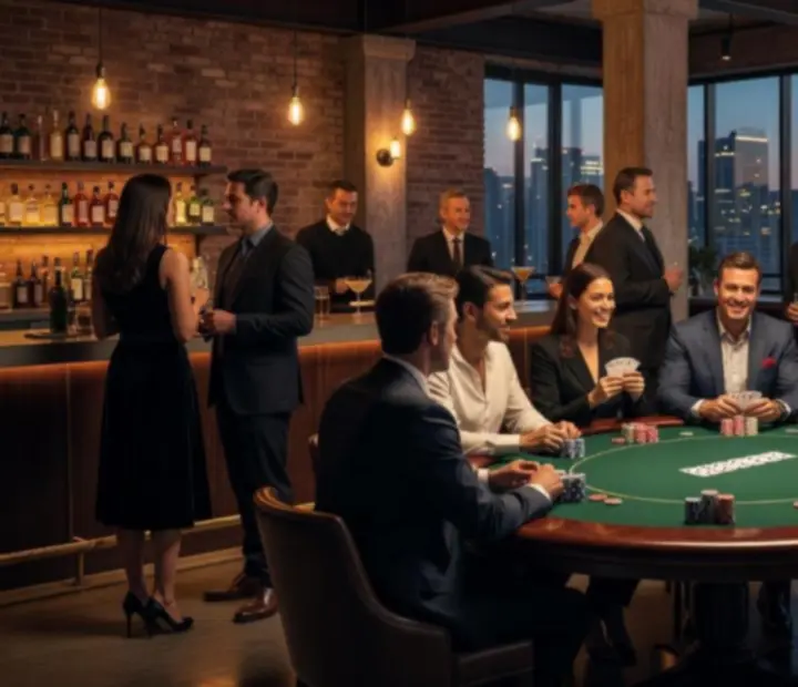 Wieczorny stolik pokerowy podczas eleganckiego eventu mobilnego kasyna